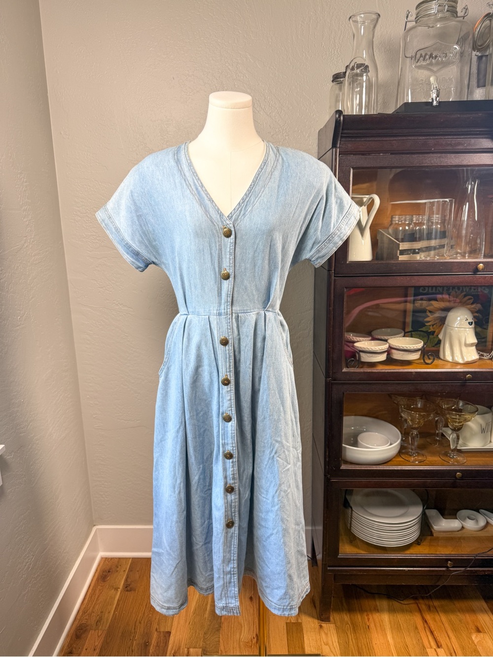 Vintage Studio Ease Chambray Denim Button Front Midi Dress Pockets Size 10